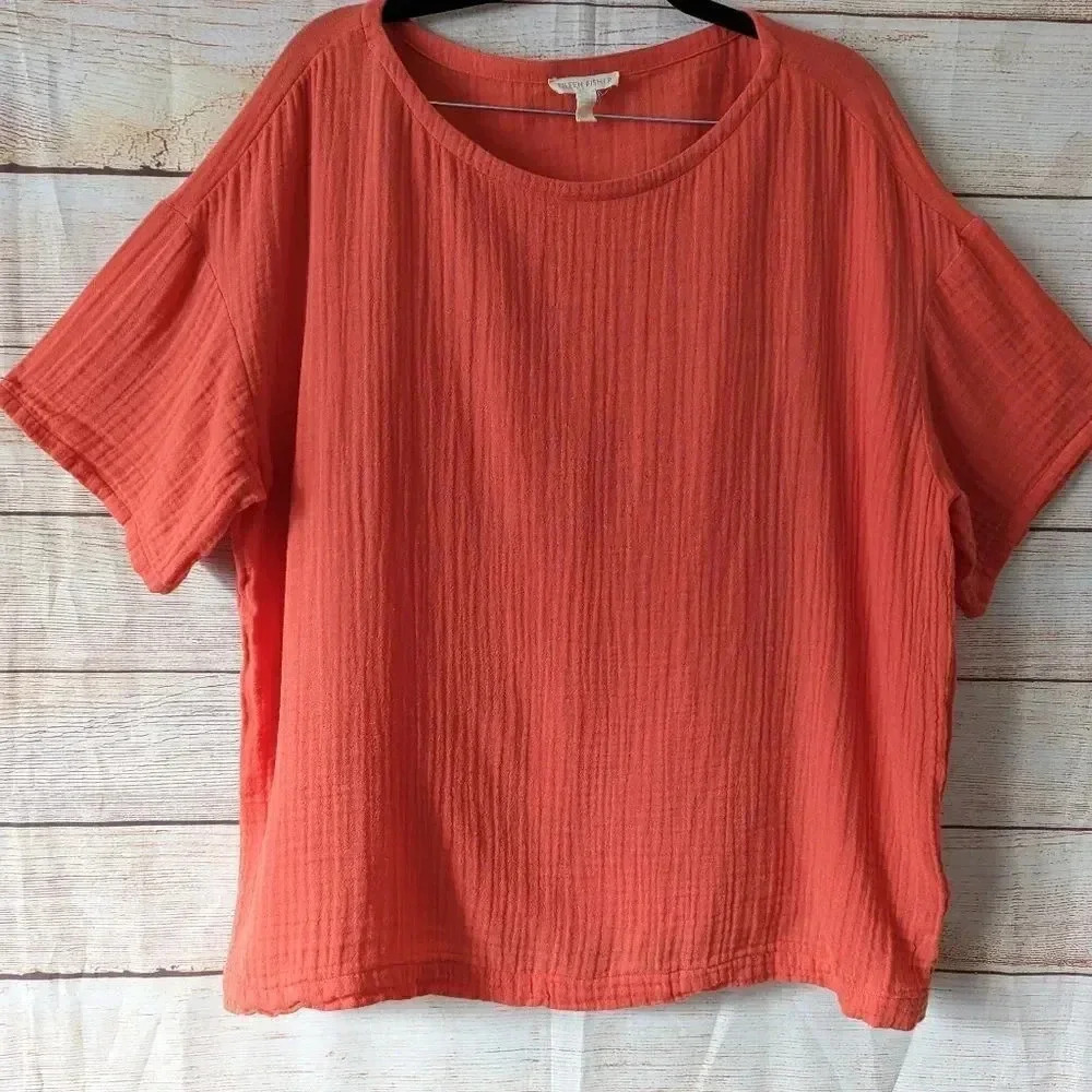 Eileen Fisher Size Large Boat Neck Boxy Blouse Organic Cotton Orange Color Gauge - Picture 4 of 10